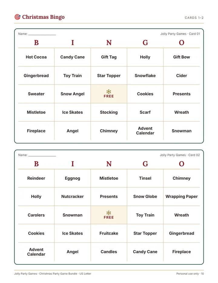 A printed Christmas Bingo sheet with two cards