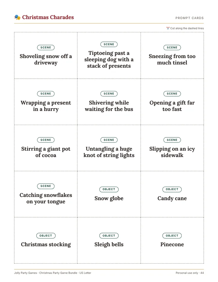 Christmas charades prompt cards labeled scene or object