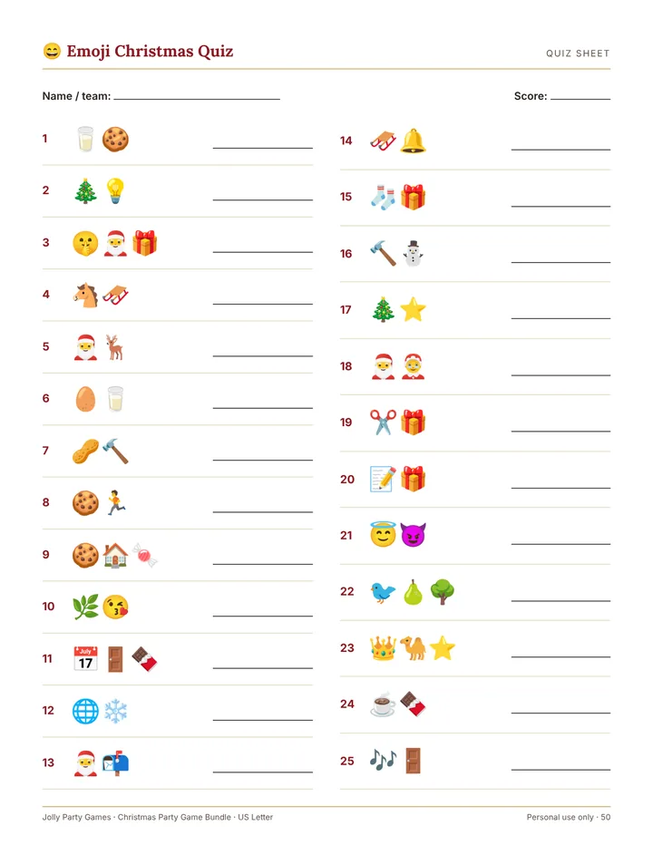 Emoji Christmas quiz sheet with numbered emoji puzzles and answer lines