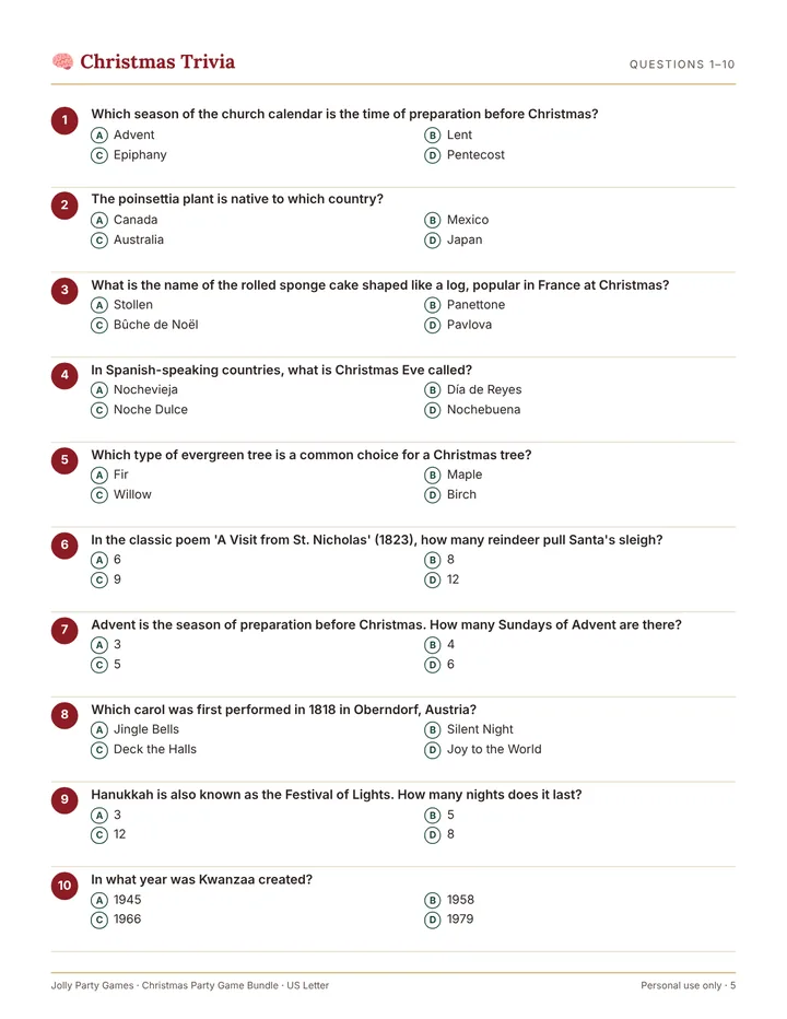 A printed Christmas Trivia question sheet