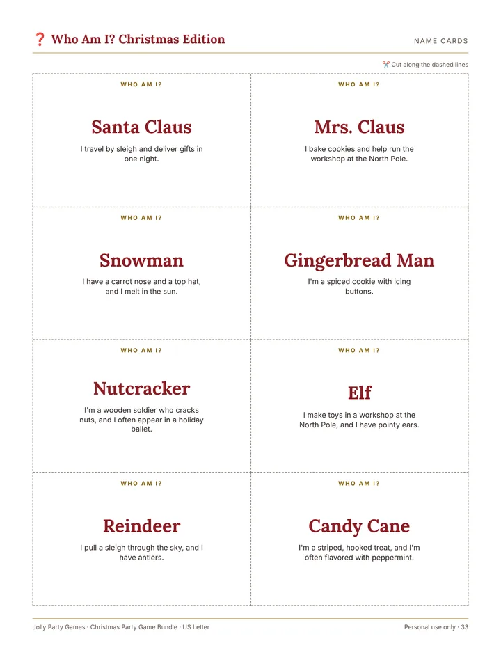 Who Am I? name cards with a short hint on each, such as Santa Claus and Snowman